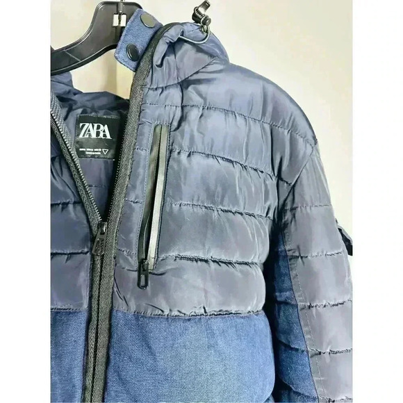 Zara 1975 Colorblock Hooded Puffer Jacket Navy Blue Unisex Size Medium - Picture 3 of 11